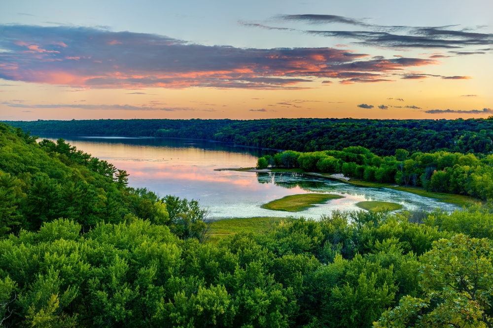 Scenic view overlooking the confluence of the Kinnickinnic and St. Croix rivers and delta at Kinnickinnic State Park in Wisconsin during late summer.